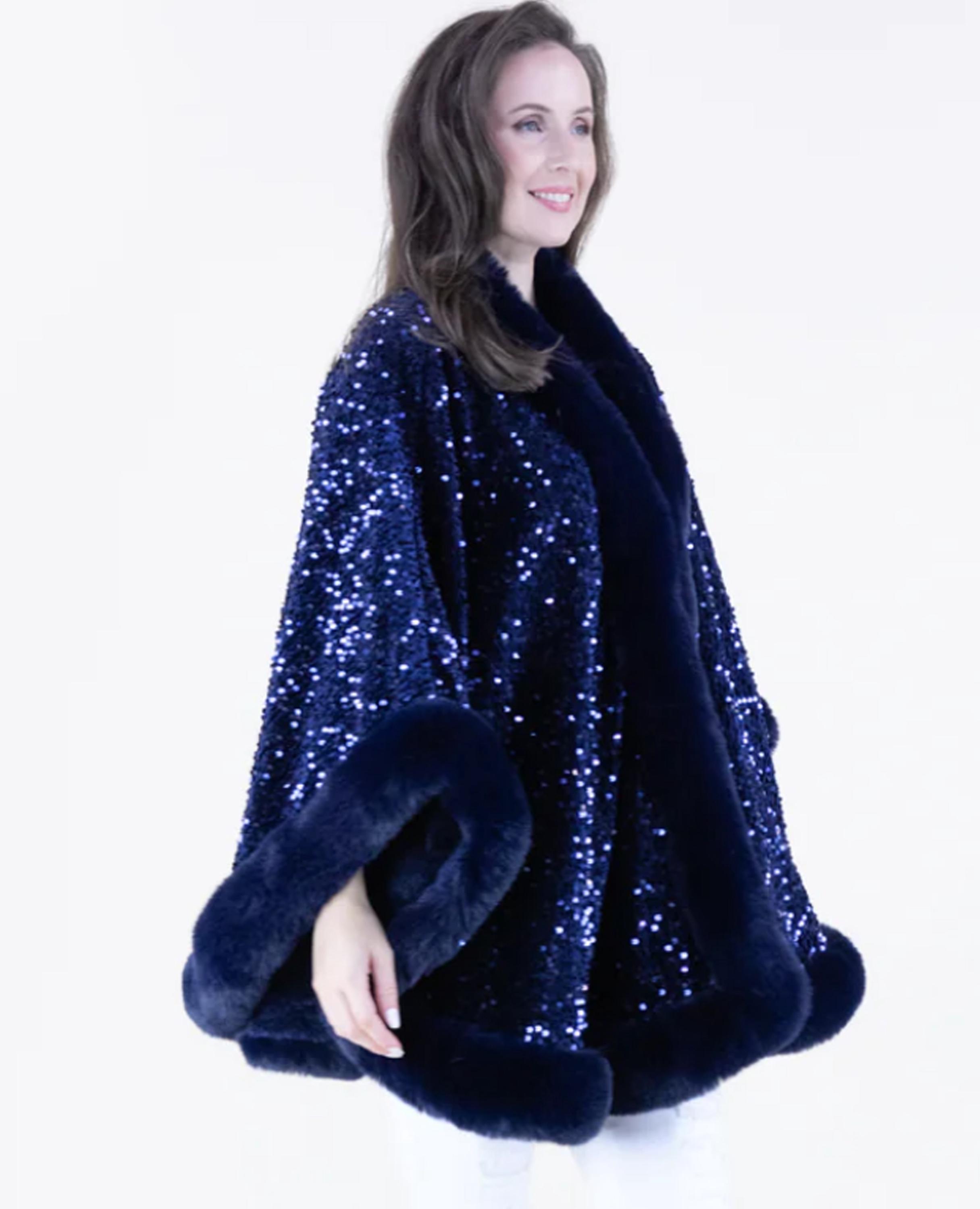 新品PE被布コートセット「ブルー」キラキラ Navy Blue Sequin Cape: Faux Fur Trim Evening Wrap - Etsy