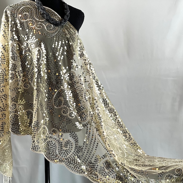 Elegant Light Gold Vintage 1920s Floral Embroidery Sequin Floral Scarf Tassel Fringe Shawl Everning Wedding Scarf Wrap