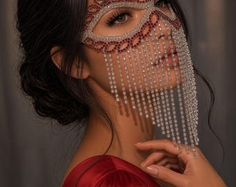 Red & Silver Rhinestone Masquerade Mask with Crystal Fringe – Venetian Eye Mask, Luxury Mardi Gras Costume, Carnival Ball Accessory
