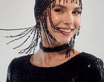 Black Beaded Mesh Headpiece – Rhinestone-Look Costume Cap