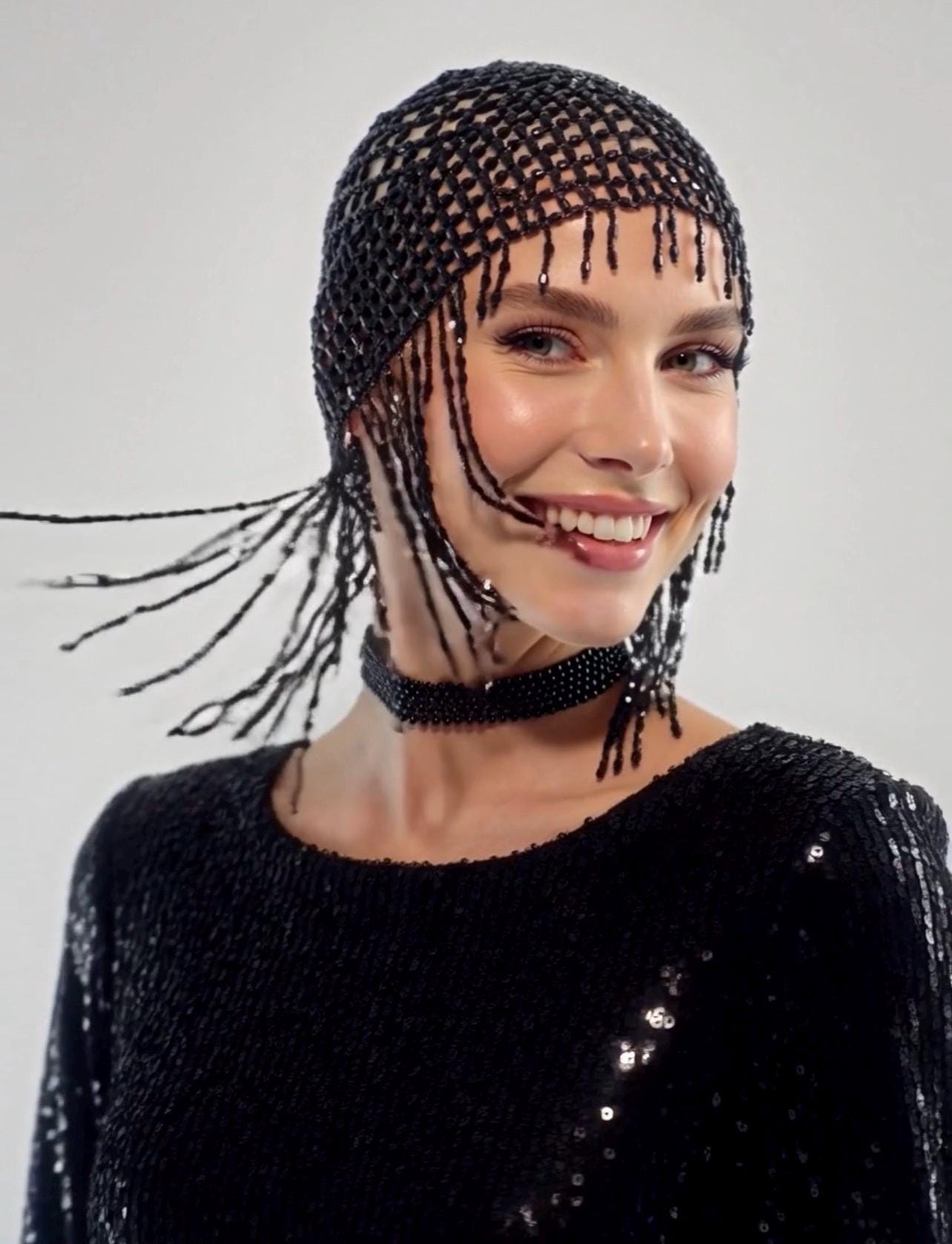 Black Beaded Mesh Headpiece – Rhinestone-look Costume Cap - Etsy display picture 2