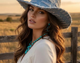 Distressed Denim Cowboy Hat, Wide Brim Boho Rancher Western Fashion Accessory