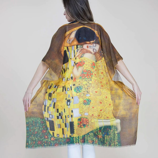 Gustav Klimt Art Kiss Kimono - Half Sleeve Beach Coverup - Artistic Wrap for Summer - Modern Art Design. The Kiss print kimono Classic Art