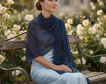 Navy Blue Beads Faux Pearl decor Scarf: Elegant Sparkle Accessory