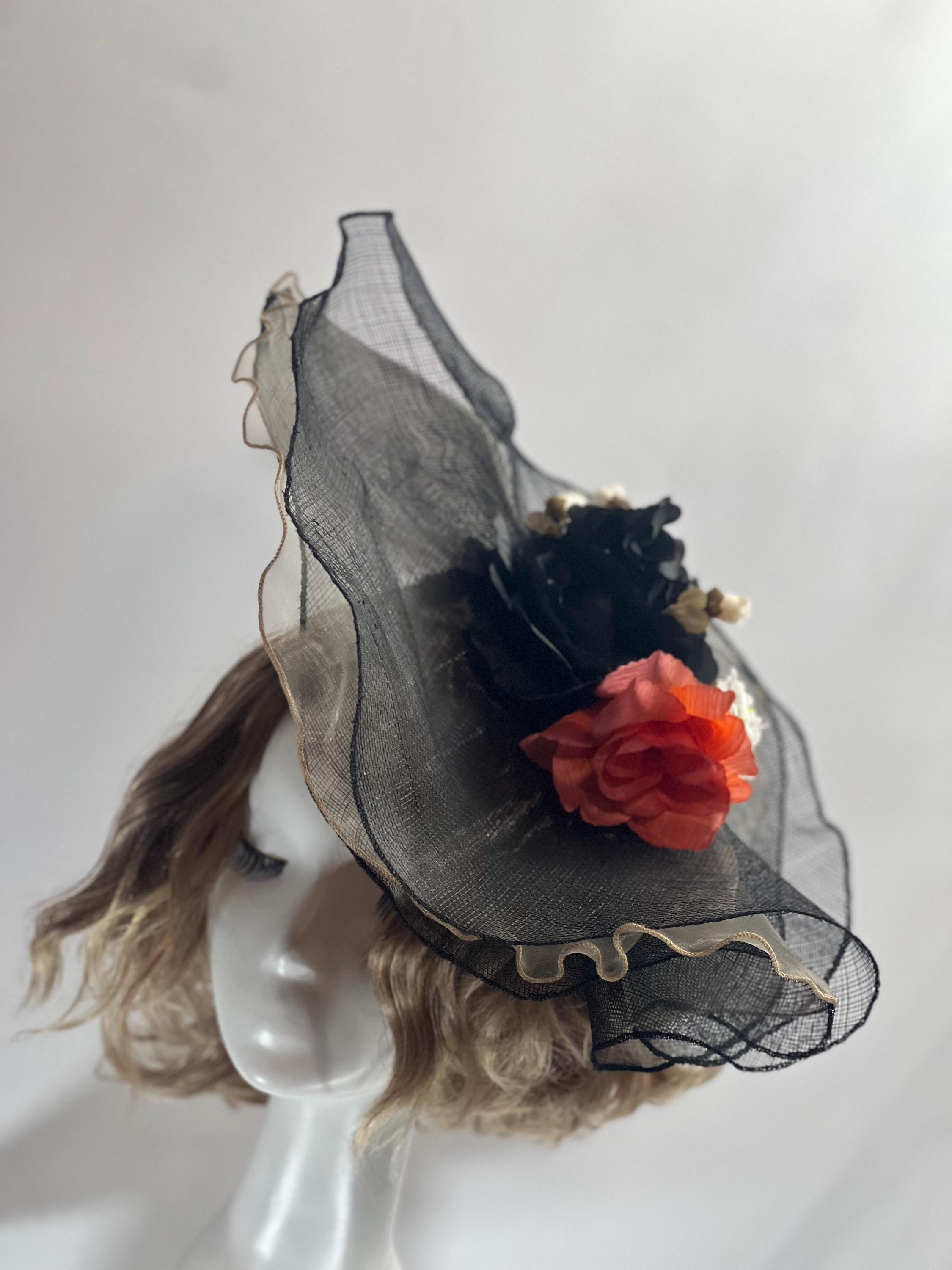 Black Wide Brim Fascinator Hat: Floral Derby Tea Party 