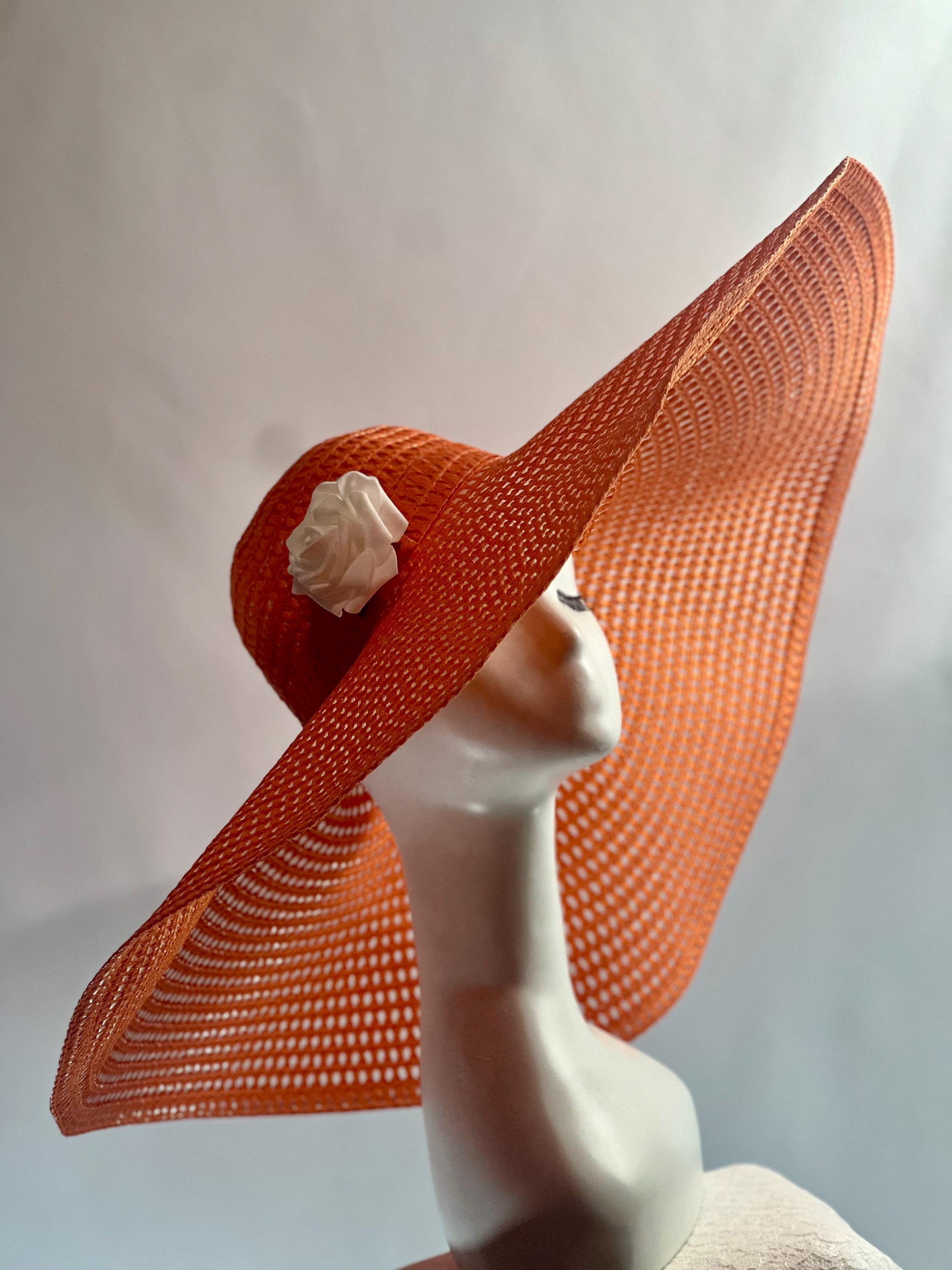 Orange Raffia Sun Hat: Wide Brim, Floral Accent, Travel  display picture 3