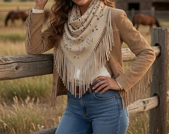 Western Triangle Suede Fringe Scarf – Laser Cut Floral Bandana – Faux Suede Cowgirl Neck Scarf – Rodeo Western Shawl – Country Concert Gift
