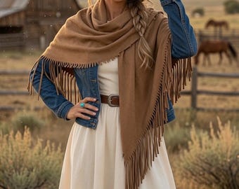 Western Faux Suede Fringe Triangle Shawl – Cowboy Wrap Poncho – Boho Festival Shoulder Scarf – Soft Western Cape – Fringe Wrap