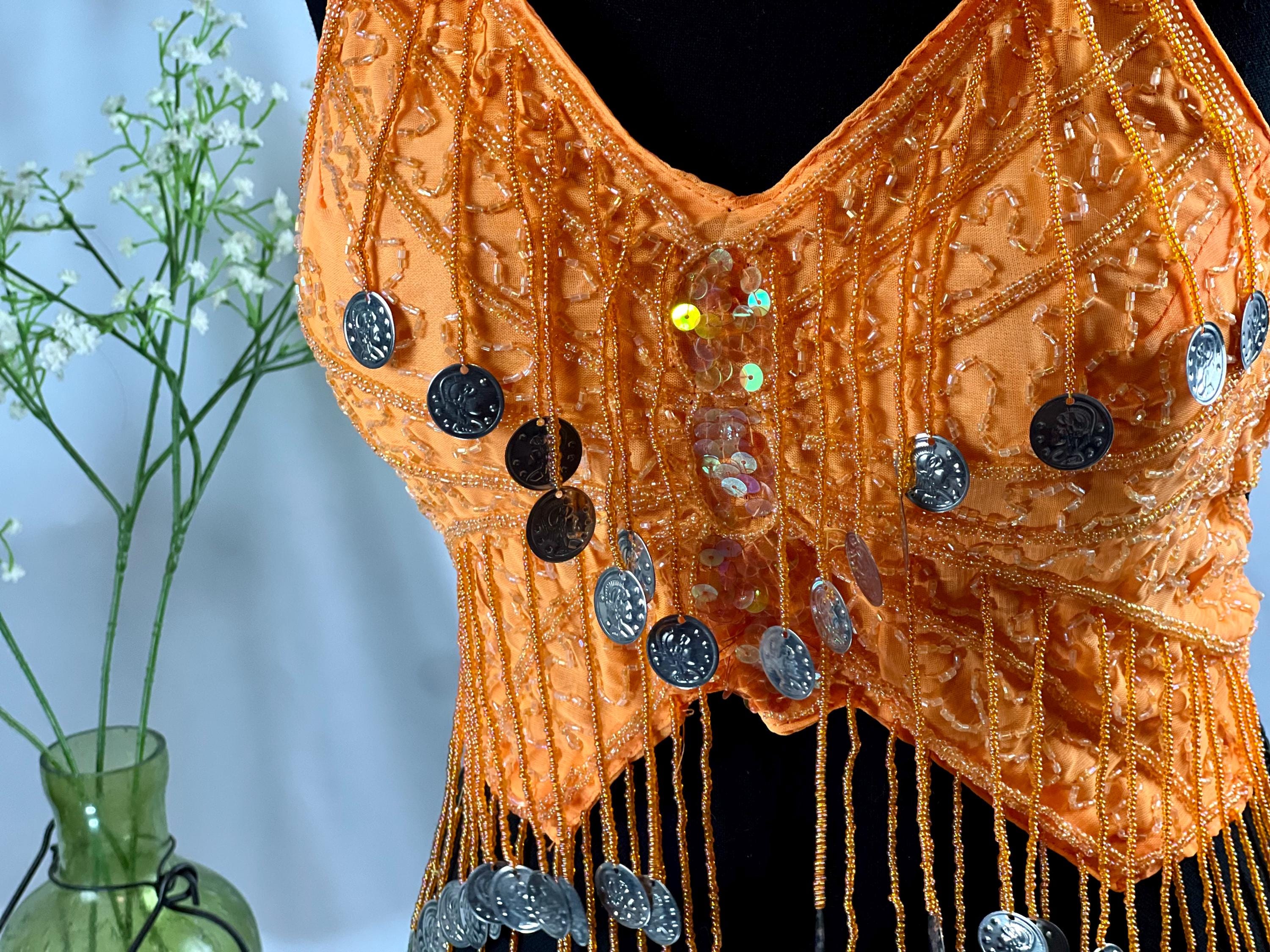 MSemis Soutien-Gorge Danse Orientale à Paillettes Et Perles - Crop Top Frangé Belly Dance