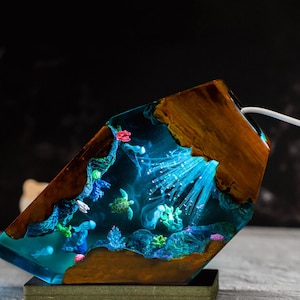 Fish vs jellyfish plastic night lamp, home decor, gift for him, ocean lamp, Resin Wood Art Lamp, Christmas gift.