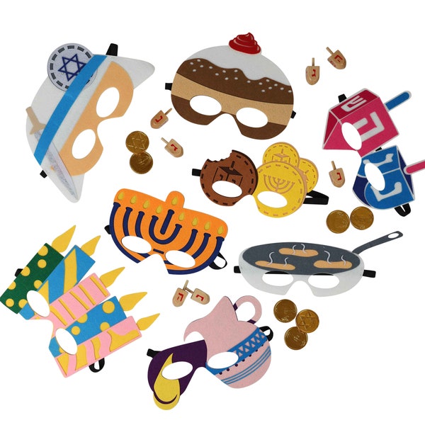 Hanukkah felt masks: party props, 8 holiday symbols in each pack