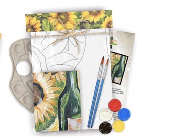 Kit para pintar botellas de vino con girasoles / Manualidades fáciles para adultos y principiantes