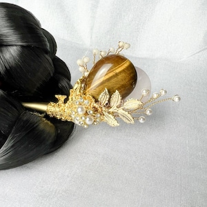 Tiger&#39;s eye  Handcrafted Korean Binyeo &quot;Twin Moon&quot; | Traditional Hairpin with Tiger&#39;s eye  | Elegant Korean Hair Accessory