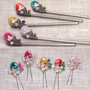Multicolor Marble Antique Binyeo and Hair Clip Set with Case | Traditional Hairpin & Ornate Clip | Handmade Korean Elegant Accessory