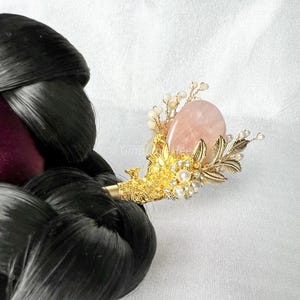 Rose Quartz Handcrafted Korean Binyeo &quot;Twin Moon&quot; | Traditional Hairpin with Rose Quartz | Elegant Korean Hair Accessory