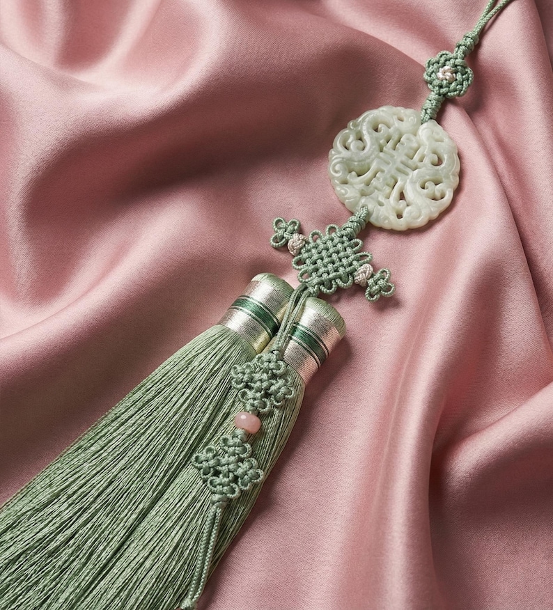 Jade Norigae – Elegant Korean Traditional Hanbok Ornament Blue Mugwort Green