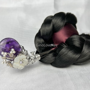Amethyst Handgefertigte koreanische Binyeo &quot;&quot;Tri-Pearl&quot;&quot; | Trachten-Haarnadel mit Amethyst| Eleganter koreanischer Haarschmuck
