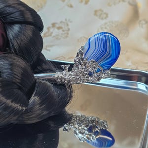 Handcrafted Korean Binyeo Blue Banded Agate  | Traditional Hairpin with Striped Blue Agate | Elegant Korean Hair Accessory