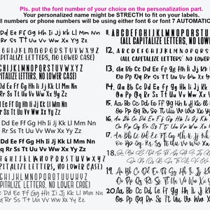 Pu&ograve; includere: Un grafico con 20 diversi stili di font, numerati da 1 a 20. Ogni stile di font mostra l'alfabeto in lettere maiuscole e minuscole, nonch&eacute; numeri. Il grafico &egrave; una guida per scegliere uno stile di font per etichette personalizzate.