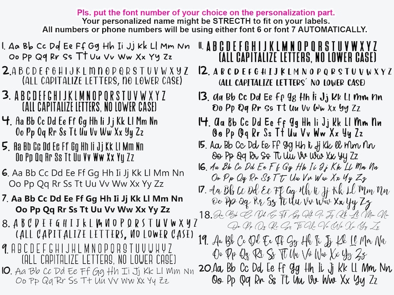 Pu&ograve; includere: Un grafico con 20 diversi stili di font, numerati da 1 a 20. Ogni stile di font mostra l'alfabeto in lettere maiuscole e minuscole, nonch&eacute; numeri. Il grafico &egrave; una guida per scegliere uno stile di font per etichette personalizzate.