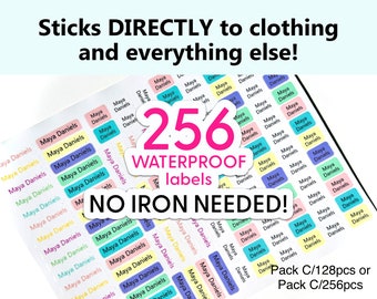 256 Stick-ON extra Mini camp clothing label boy girl adult name labels waterproof Washer dryer microwave dishwasher safe daycare school