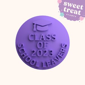 May include: Purple round stamp with the text "Class of 2023 School Leavers" and a graduation cap icon.