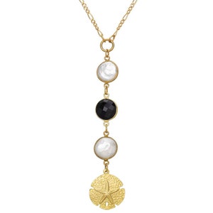 Freshwater Pearl Necklace, Gold Vermeil Seashell Pendant Charm, 14K Gold Filled Chain, Black Onyx, FREE SHIPPING