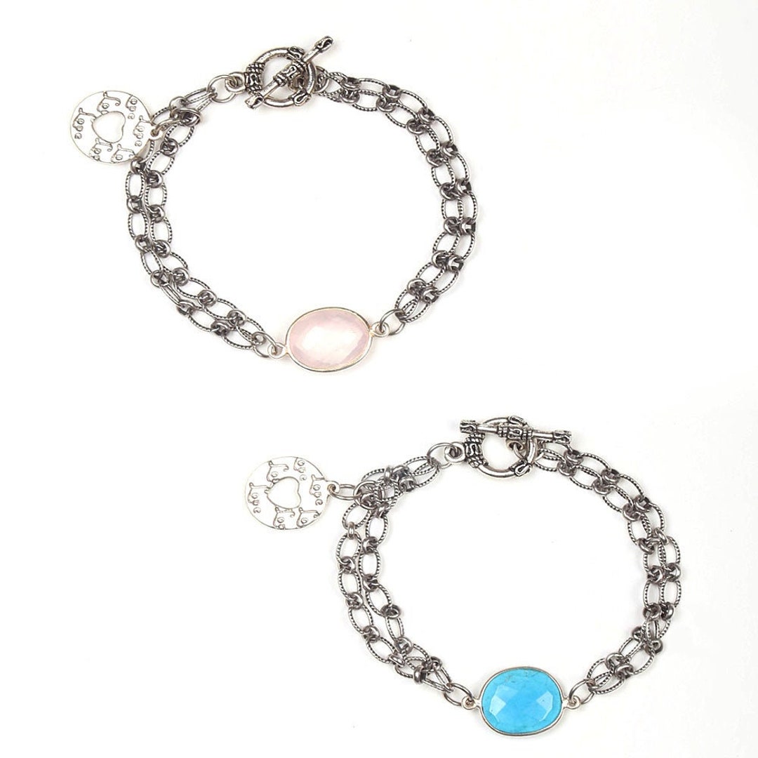 Charm Bracelet, Sterling Silver Bracelet, LOVE Charm Bracelet, Genuine Turquoise Bracelet, Rose