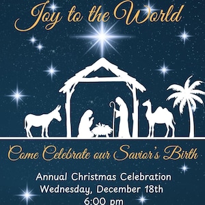 Op de afbeelding: Een blauwe en witte kerstuitnodiging met een ster, een kerststal en palmbomen. De tekst luidt "Joy to the World" en "Come Celebrate our Savior's Birth". De uitnodiging bevat ook details over de jaarlijkse kerstviering, inclusief datum, tijd en locatie. Het staat er "Annual Christmas Celebration", "Wednesday, December 18th", "6:00 pm", "Clearview Christian Church", "Dinner to follow", and "Please bring a side dish to share".