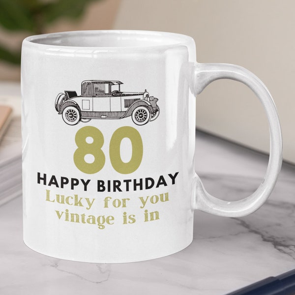 80th Birthday Ceramic Mug, Eightieth White Glossy Mug, Eightieth Vintage Mug, 80 and Born 1942, Granddad Birthday  Mug,  Car on a Mug