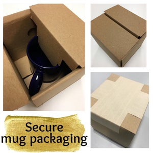 May include: A blue ceramic mug is packaged in a brown cardboard box with a secure lid. The box is taped with brown packing tape. Secure mug packaging.