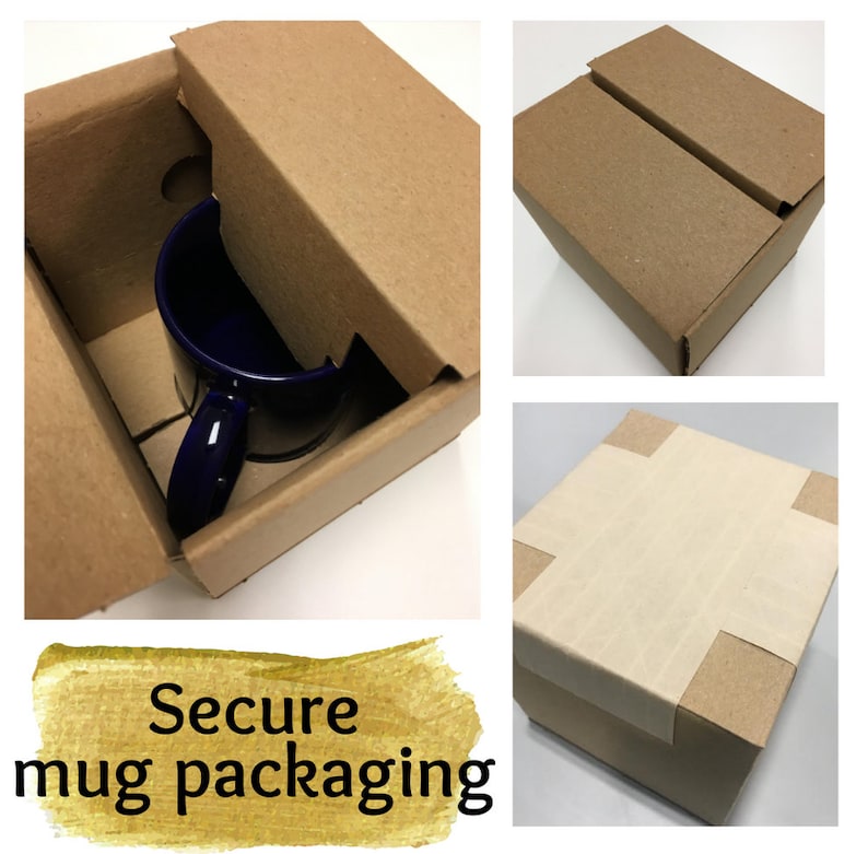May include: A blue ceramic mug is packaged in a brown cardboard box with a secure lid. The box is taped with brown packing tape. Secure mug packaging.