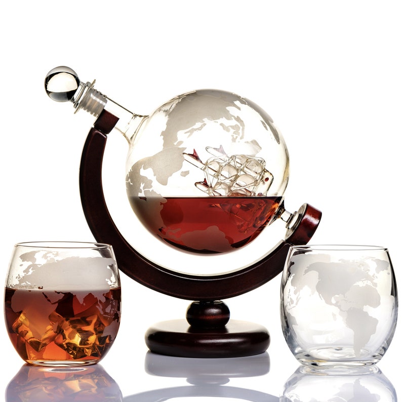 Whiskey Globe Decanter Set With 2 Etched World Map Glasses in Etsy