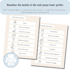 Tableau de routine pour tout-petits à imprimer, planning visuel matin et soir, 4 couleurs incluses