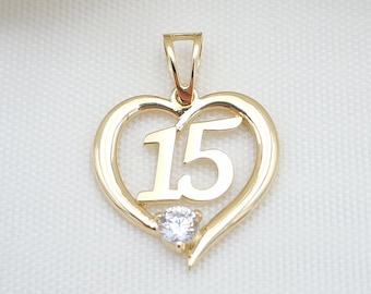 15 Quinceañera 14k Gold Heart Solitaire Cz Pendant - Fine Jewelry - Perfect Gift