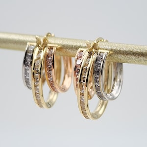 Solid 14k Tricolor Gold CZ Triple Hoop Earrings - 16mm - Unique & Original - Perfect Gift For Her