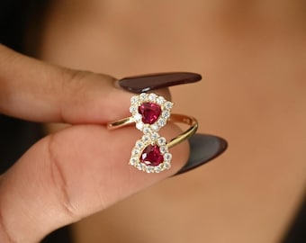 14k Solid Gold Hearts Ring • Simulated Ruby CZ • Dainty Real Gold Fine Jewelry Gift