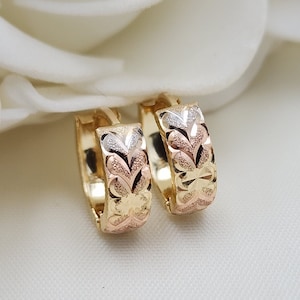 Solid 14k Gold Tricolor Diamond Cut Huggie Earrings - 15mm - 5mm Thick - Shiny - Perfect for Girls and women