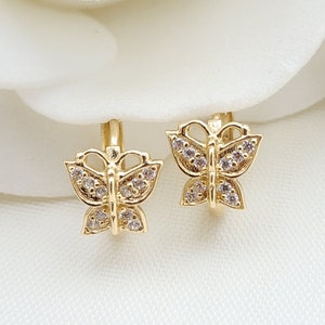 Dainty 14k Gold Cz Butterfly Huggies Earrings - 11mm - Perfect For Kids - Real Gold - Perfect Gift For Her