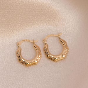 Tiny 14k Gold Textured 12mm Hoops Earrings - 2.1mm Thick - For Her - For kids - Fine jewelry