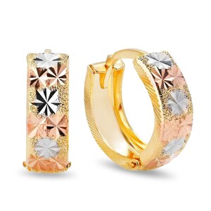 Elegant 14k Tricolor Gold Diamond Cut Textured Huggies Earrings - Elegant and Modern - For Her