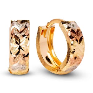 Solid 14k Gold Tricolor Diamond Cut Huggie Earrings - 15mm - 5mm Thick - Shiny - Perfect for Girls and women