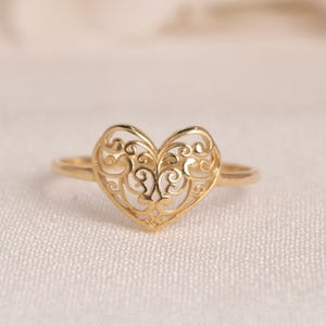 14k Gold Filigree Heart Ring - For Her - Perfect Gift - Statement Ring - Genuine Gold