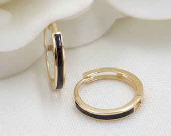 Real Solid 14k Gold Black Onyx Huggies Earrings - 14mm, 2mm Thick -  Unique and modern - Perfect Gift - For Girls and Women - Small Hoops