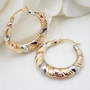 14k Tricolor Gold Croissant Hoop Earrings - 22mm - 3.5mm Thick - Shiny & Modern - Perfect Gift For Her -
