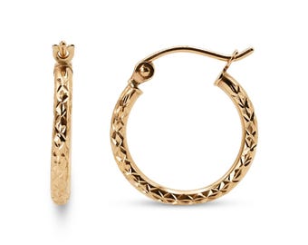 15MM Dainty 14K Gold Fully Diamond Cut Hoop Earrings - 1.5MM Thick - Perfect Gift - Fine Jewelry For Her