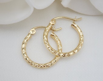 15MM Dainty 14K Gold Fully Diamond Cut Hoop Earrings - 1.5MM Thick - Perfect Gift - Fine Jewelry For Her