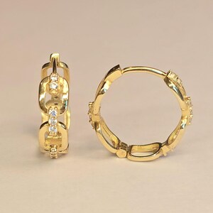 14K Gold Link Huggie Earrings with CZ Accents