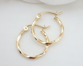Dainty 14K Yellow Gold Twisted Hoop Earrings - 15MM - 1.5MM Thick - Unique and Versatile - For Everyday - Shiny and Modern