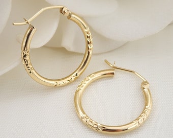 14k Gold Diamond Cut 2MM Hoops Tubes Earrings - 30mm, 20mm, 15mm - Real 14k - Lightweight & Everlasting - Perfect For Women and girls